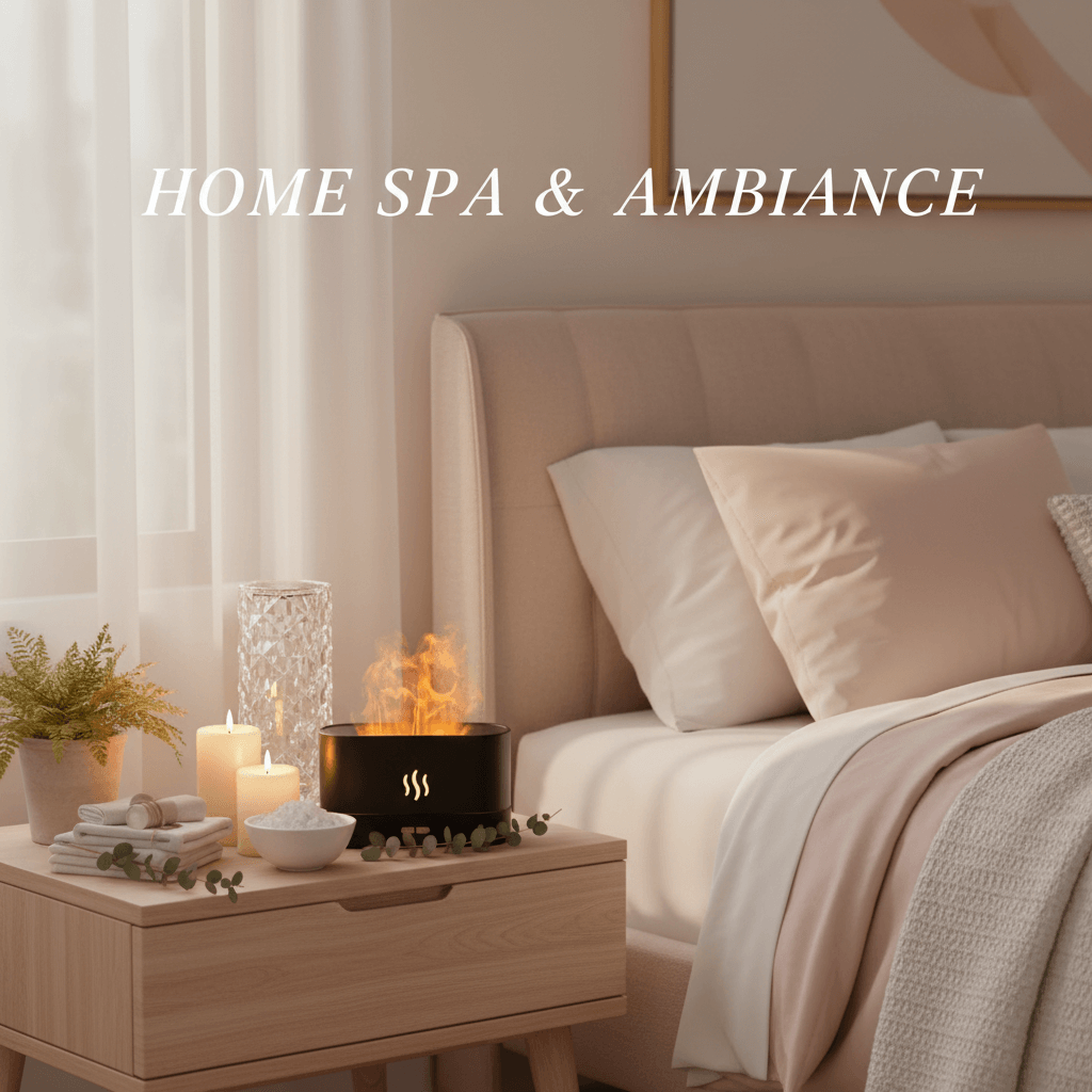 Home Spa & Ambiance Bundle - Flame Aroma Diffuser and Crystal Diamond Touch Lamp in serene spa setting